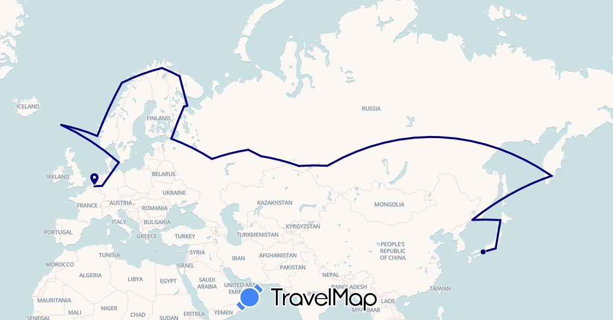 TravelMap itinerary: driving in Belgium, Germany, Denmark, Finland, Faroe Islands, Japan, Norway, Russia (Asia, Europe)